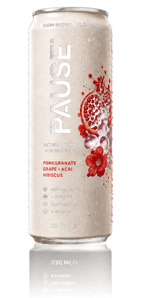 PAUSE Pomegranate, Grape, Acai and Hibiscus can with a subtle studio reflection